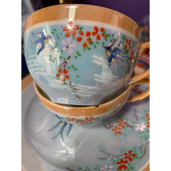 LusterWare Takito Ti Peach/ Blue 16PC Set* Japanese Hand Painted Set Birds Swall - Picture 14 of 14